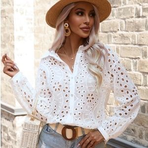 White Boho Eyelet Button Down Shirt Bishop Long Sleeves